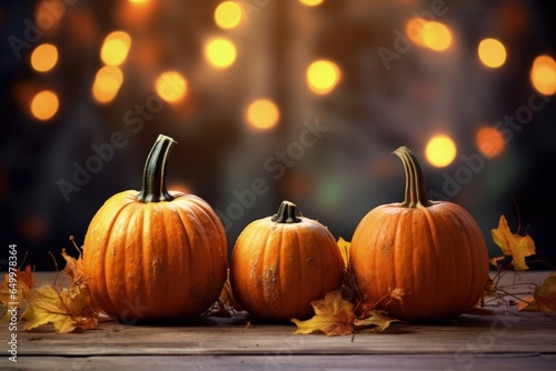 Pumpkins on wooden table on background with blurred lights, Generative AI
