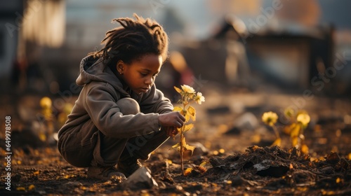 A child in a vacant lot behind a poor or war torn area, finding a flower growing. Generative AI.  © Elle Arden 