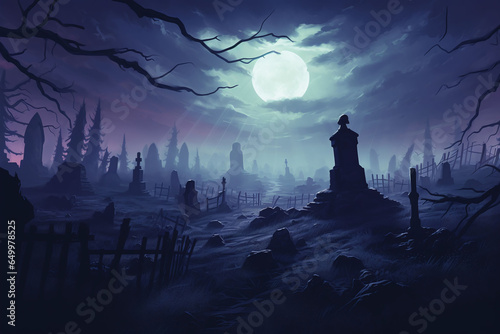 artwork depicting a haunted moonlit graveyard with swirling mist and shadowy figures. The color palette consist of deep purples, eerie greens, and sinister blues.  © Kordiush