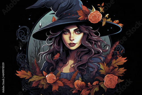 mesmerizing Halloween witch surrounded by intricately detailed foliage and mystical elements.