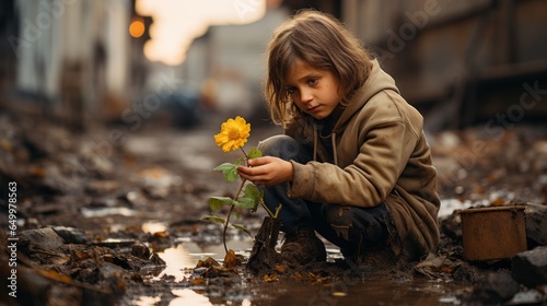 A child in a vacant lot behind a poor or war torn area, finding a flower growing. Generative AI. 