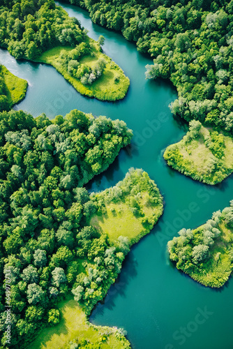 Aerial view of the river in the forest. Beautiful summer landscape