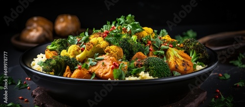 Healthy vegetarian concept vegan curry with chickpeas cauliflower broccoli kale and quinoa