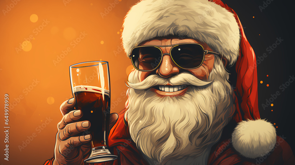 Santa drinking a beer - toasting - wearing sunglasses - party - partying - smiling  - obrazy, fototapety, plakaty 