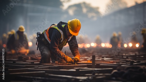 Industrial workers wearing hard hats and protective gear, working on a project together. Generative AI. 