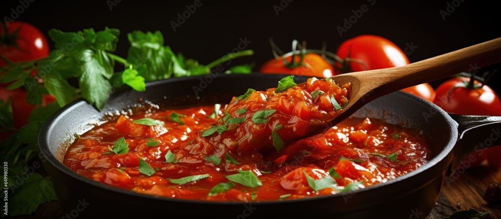 Making tomato sauce in pan stirring with wooden spoon close up