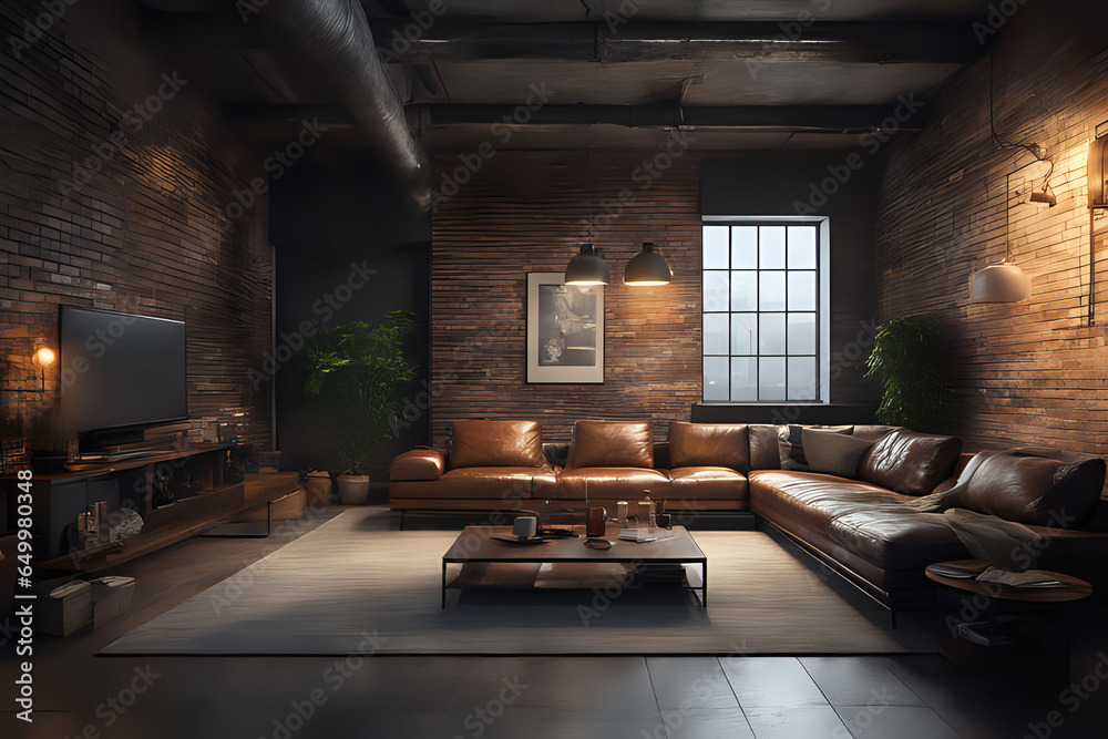 Living room in industrial style with vertical window and leather sofa and brick wall on dark cinematic - obrazy, fototapety, plakaty 
