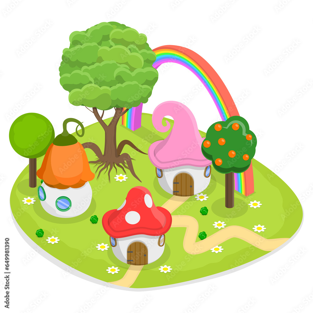 3D Isometric Flat Conceptual Illustration of Fairytale Forest, Fantasy Houses 3D Isometric Flat Conceptual Illustration of Fairytale Forest, Fantasy Houses
