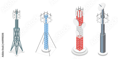 3D Isometric Flat  Set of Telecom Towers, Communicating Radio Constructions