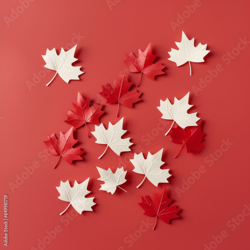 The image shows a collection of paper-crafted leaves in various shades of red and white, arranged on a red background. The leaves are intricately folded, giving them a three-dimensional appearance.