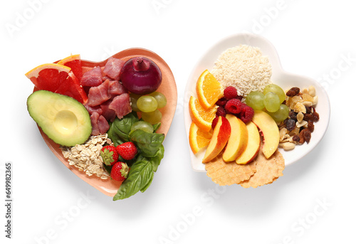 Plates with fresh healthy products on white background. Diet concept