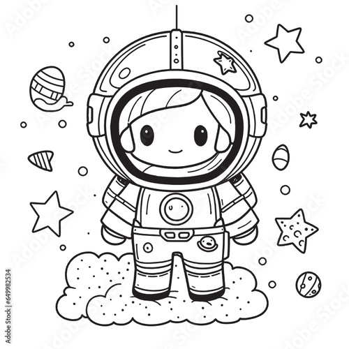 Cute Astronaut, black and white coloring page for kids and adults , line art, simple cartoon style, happy cute and funny