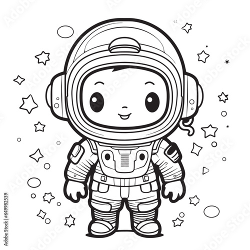 Cute Astronaut, black and white coloring page for kids and adults , line art, simple cartoon style, happy cute and funny