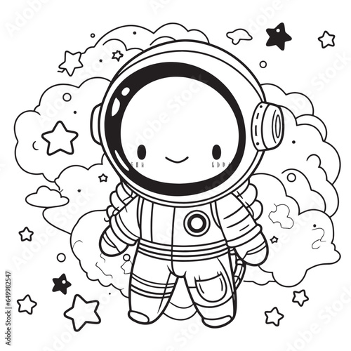 Cute Astronaut  black and white coloring page for kids and adults   line art  simple cartoon style  happy cute and funny