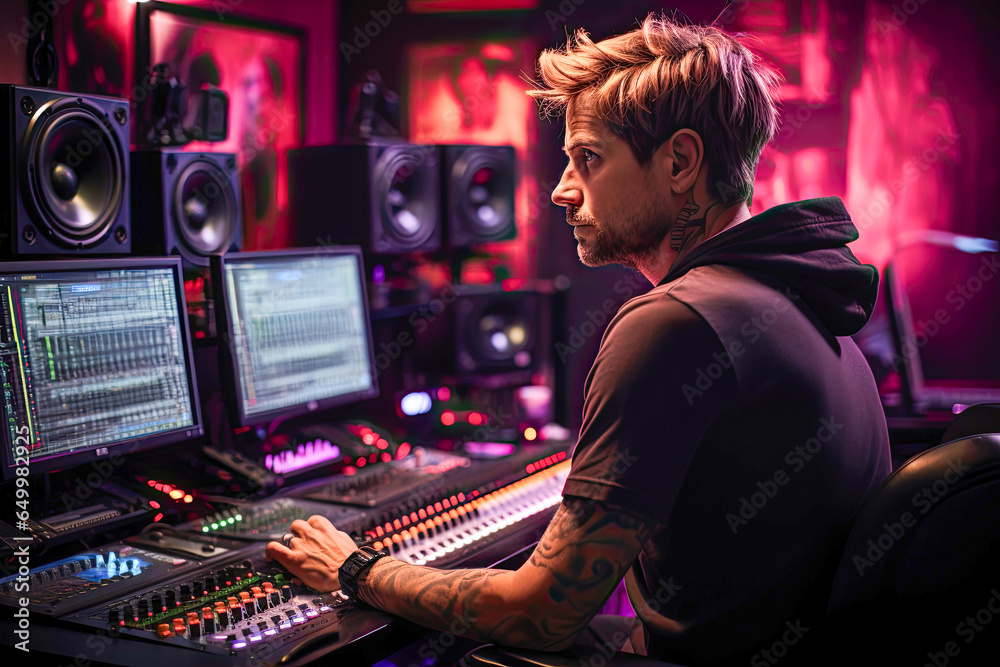Audio engineer producer working on sound table Audio engineer producer working on sound table