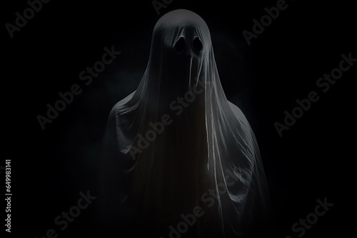 Creepy Halloween Ghosts Effect Photo Overlay. Ethereal Specter, White Silhouette, Mysterious Darkness, Paranormal Phantom, Supernatural Apparition. Generative AI.