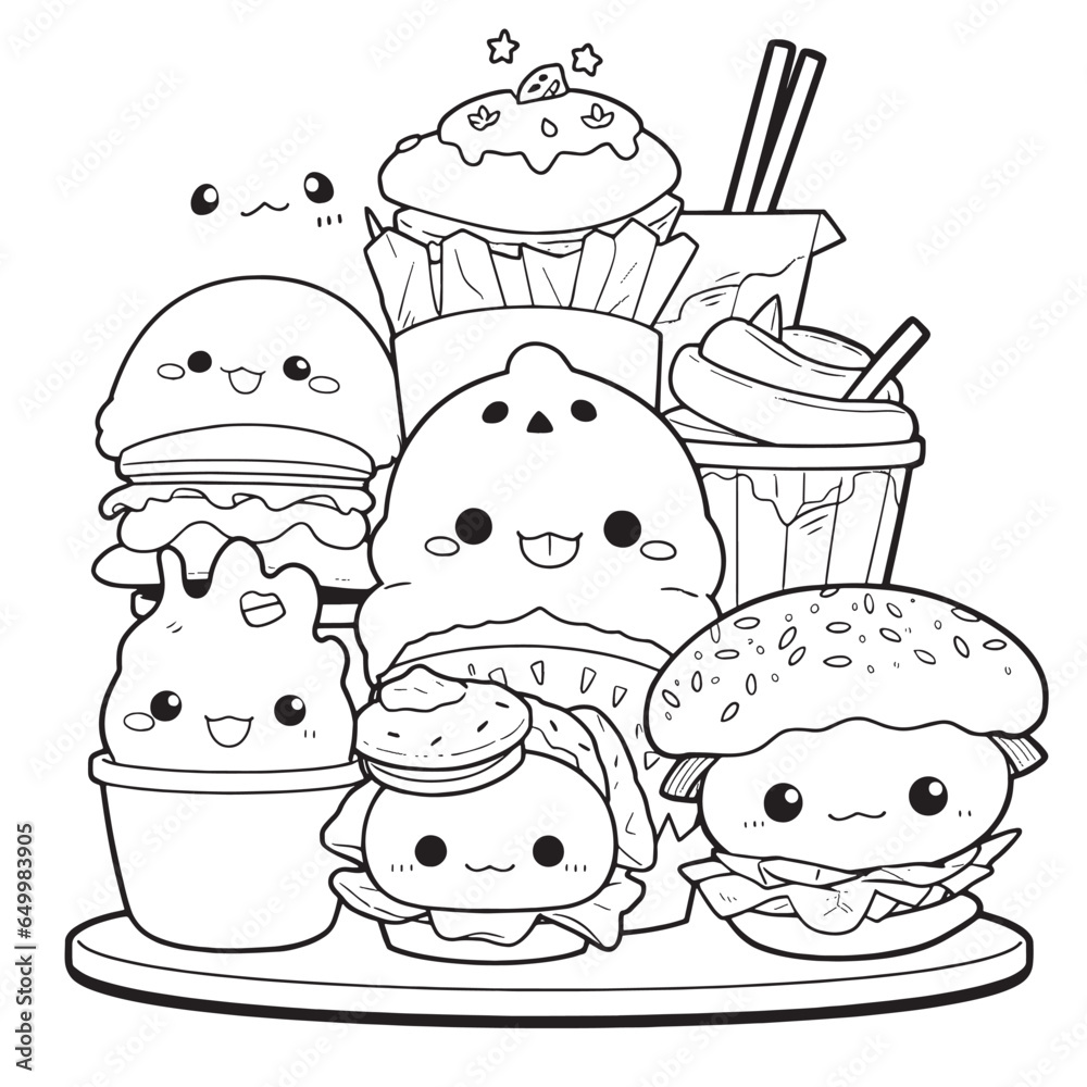 Cute fast food, black and white coloring page for kids and adults
