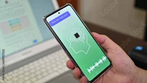 A man using AI voice services on a mobile device. artificial intelligence concept