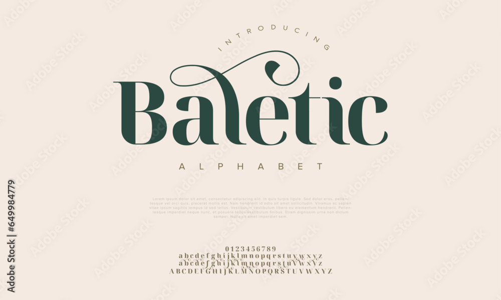 Baletic premium luxury elegant alphabet letters and numbers. Elegant wedding typography classic serif font decorative vintage retro. Creative vector illustration