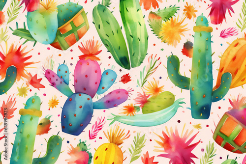 pattern Cinco de Mayo, watercolor drawing, cactus with flowers, white background, generative AI