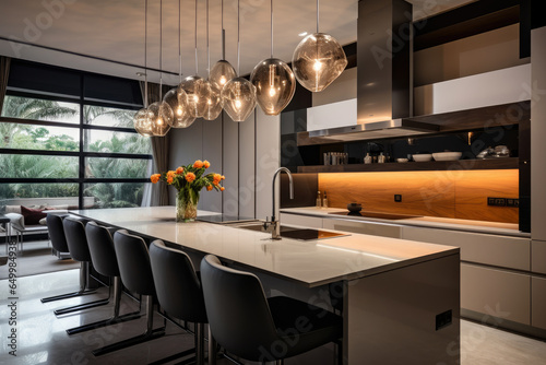 Step into the epitome of modern elegance and chic design with this stunning  spacious kitchen featuring sleek tan color accents  practicality  stylish lighting  organized utensils