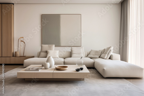 A Peaceful and Cozy Minimalist Living Room  Serene Interior Design with Clean Lines  Neutral Palette  and Functional Furniture for a Chic and Organized Space.