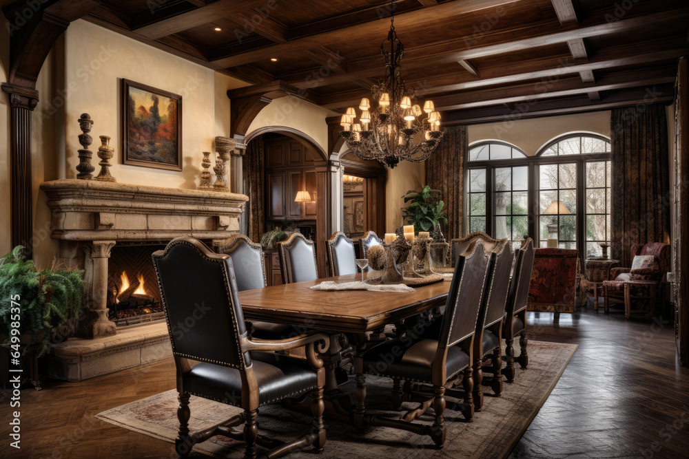 Step into a cozy and inviting traditional Spanish dining room adorned with dark wood furniture, earthy tones, decorative tiled flooring, wooden beams, and an antique chandelier