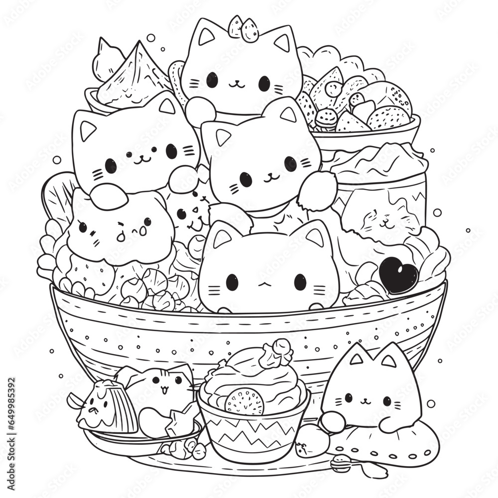 cute Kawaii , black and white coloring page for kids and adults , line