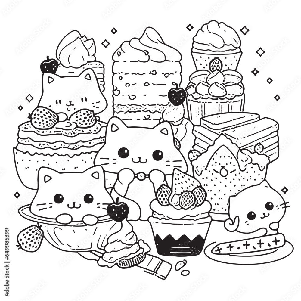 cute Kawaii , black and white coloring page for kids and adults , line ...