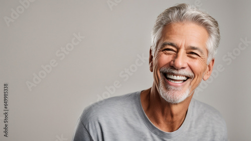 a closeup photo portrait of a handsome old mature man smiling with clean teeth. for a dental ad. guy with fresh stylish hair and beard with strong jawline. isolated on white background