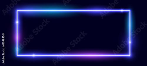 Neon glowing rectangular frame. Blue and purple shining rectangle border. Horizontal electric light sign. Illuminated wide design element for banner, poster, collage, cover. Vector illustration 