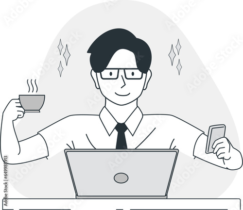 illustration of a multi tasking business man wearing glasses operating a computer