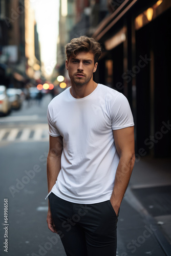 model in a classic white cotton T-shirt on a city street