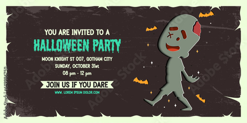 Halloween party invitation banner background in paper cut style.