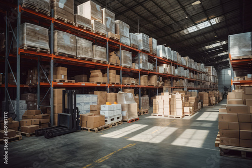 warehouse full of shelves with goods in cartons, with pallets and forklifts