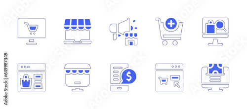 Ecommerce icon set. Duotone style line stroke and bold. Vector illustration. Containing online payment, shopping, payment method, shopping cart, buy online, online store, online shopping, advertising.