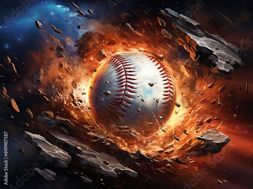 A baseball strikes the ground with such force that it cracks open the terrain, illustrating the game's sheer intensity and passion. Generative AI.