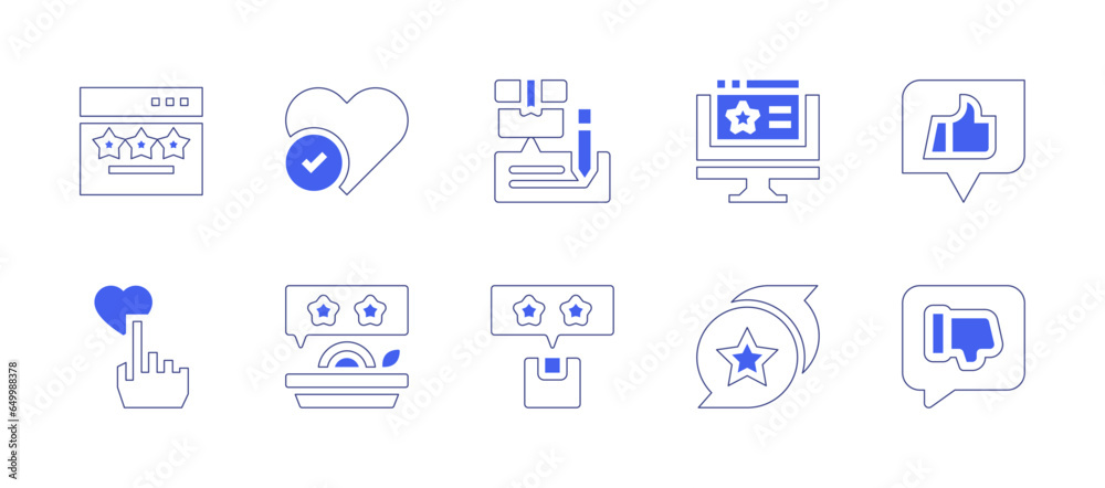 Feedback icon set. Duotone style line stroke and bold. Vector illustration. Containing rating, review, like, favorite, food, delivery box.