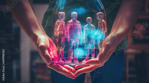 Hands tenderly hold a holographic projection of a family, encapsulating the bond of love and memories in a digital age. Generative AI.