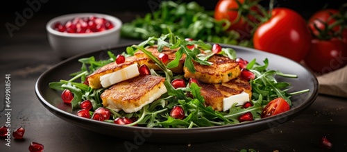 Healthy food vertical photo of salad with fried Halloumi cheese cherry tomatoes arugula and pomegranate seeds