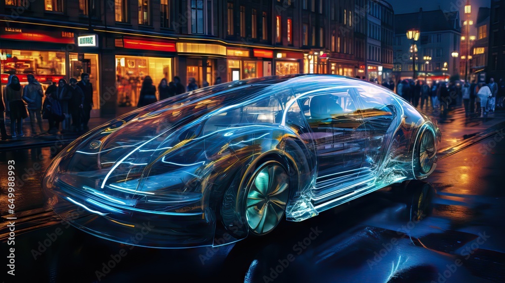 A holographic car stands out amidst traffic in a bustling city, showcasing the intersection of future and present. Generative AI.