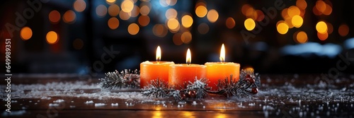 A wide-format background image featuring the warm glow of candlelights  set against a backdrop of blurred holiday lights  creating a cozy and inviting atmosphere. Photorealistic illustration