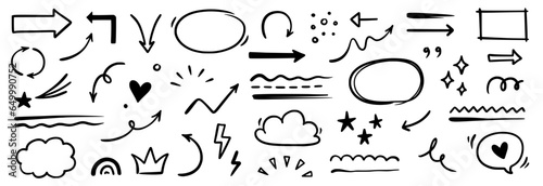 Line arrow, underline, round frame hand drawn vector element set. Hand drawn doodle scribble text highlight, underline, arrow pen stroke style. Doodle grunge rough element. Vector illustration.