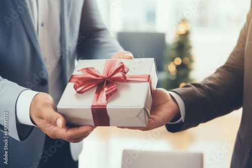Close-up view of hands Giving a business gift in an office.