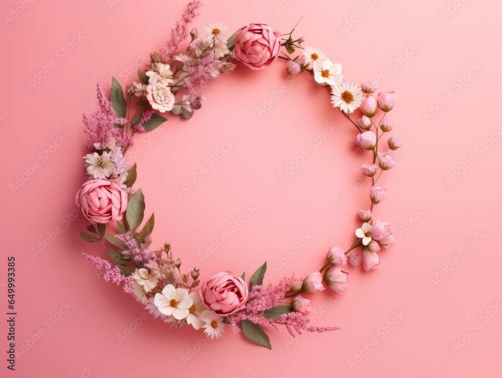 Beautiful Different small flowers in a wreath on pink background with copy space. Generative AI image weber.