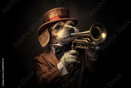 cute dog playing trumpet