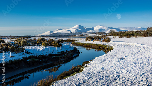 River and snow covered mountains