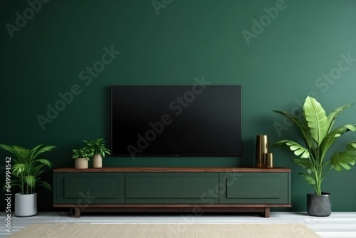 Emerald green wall. Sleek TV setup. Mid-century lamp. Wood console. Succulent plant. Ceramic vases. Contemporary feel. Ambient lighting. Streamlined design. Elegant minimalism.