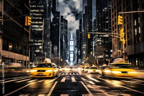 City street, yellow taxis, motion blur, high-rise buildings, twilight, overcast sky. © Matthew