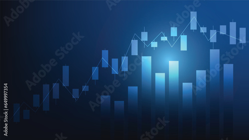 Financial business statistics with bar graph and candlestick chart show stock market price on dark blue background 